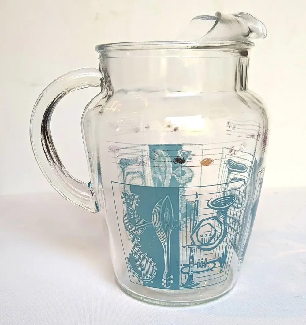 RARE Vintage MCM Glass Pitcher w/ Aqua & Gold Musical Instruments & Notes